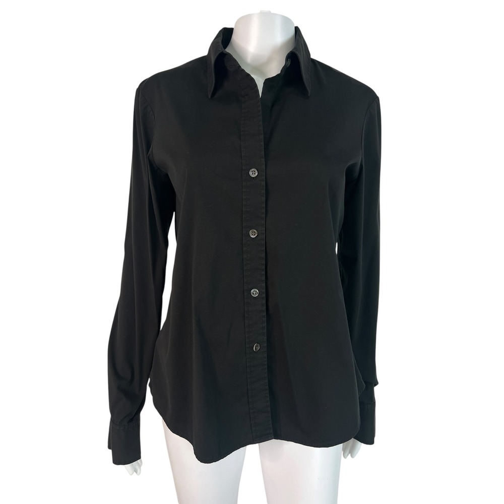 Theory Womens Blouse Black Button Down Stretch Cotton Shirt Minimalist Size L